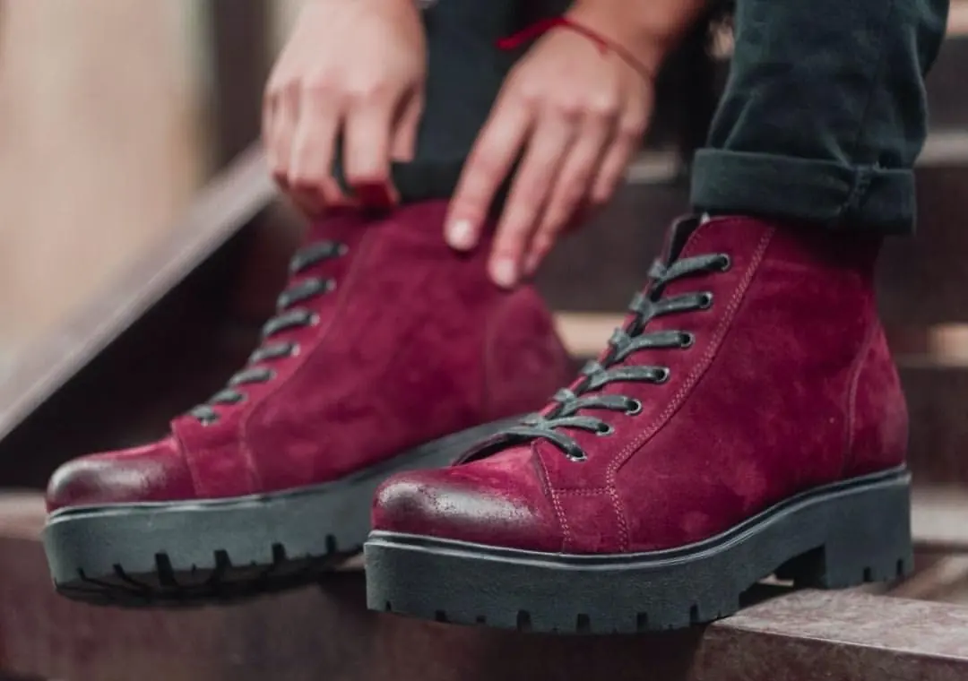 Women’s Burgundy Suede Lace-up Chunky Boots