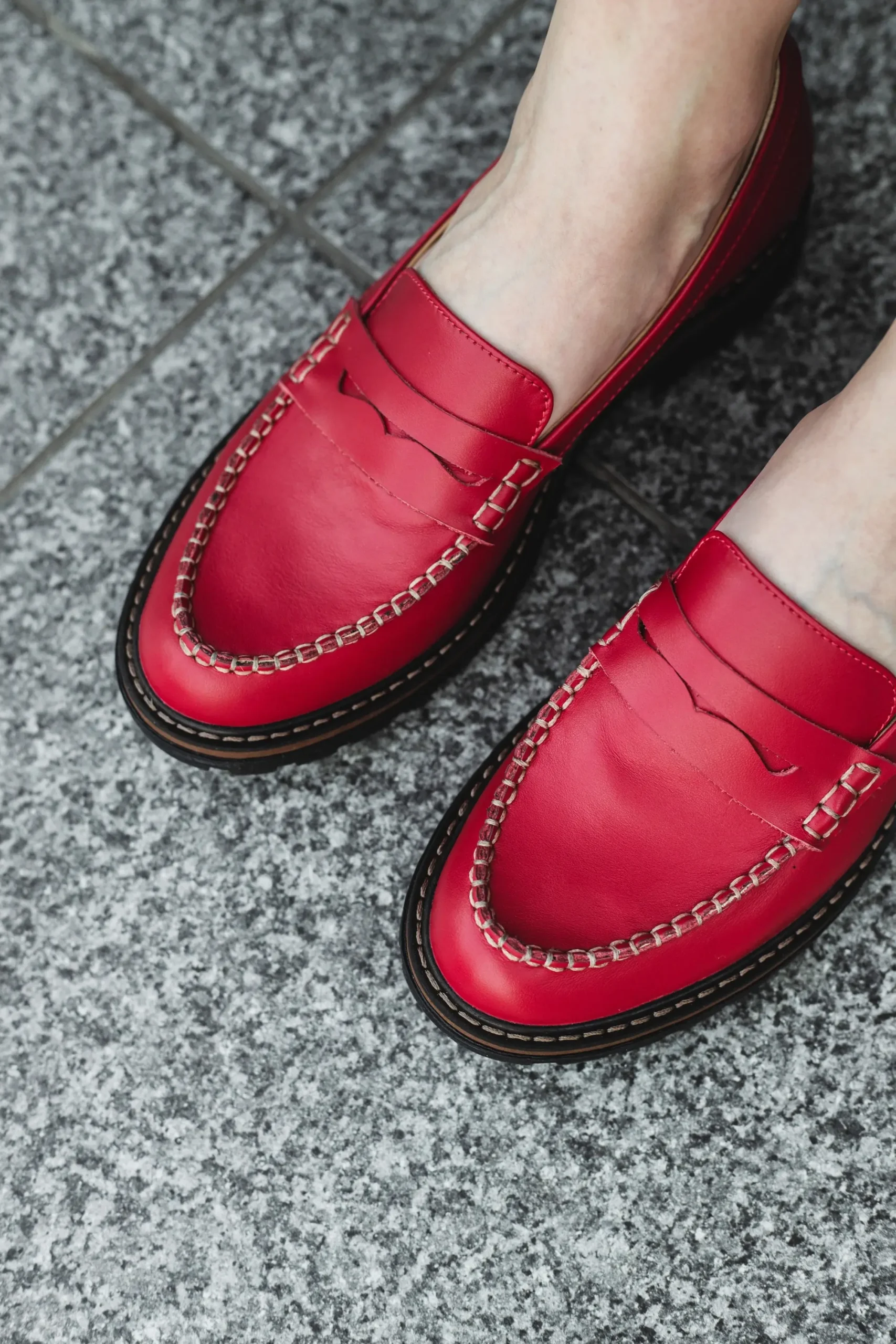 Red Penny Loafer Women Shoes, Flat Red Leather Loafers