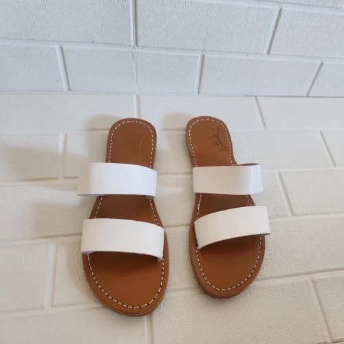 Women’s White Double Strap Moroccan Leather Slides