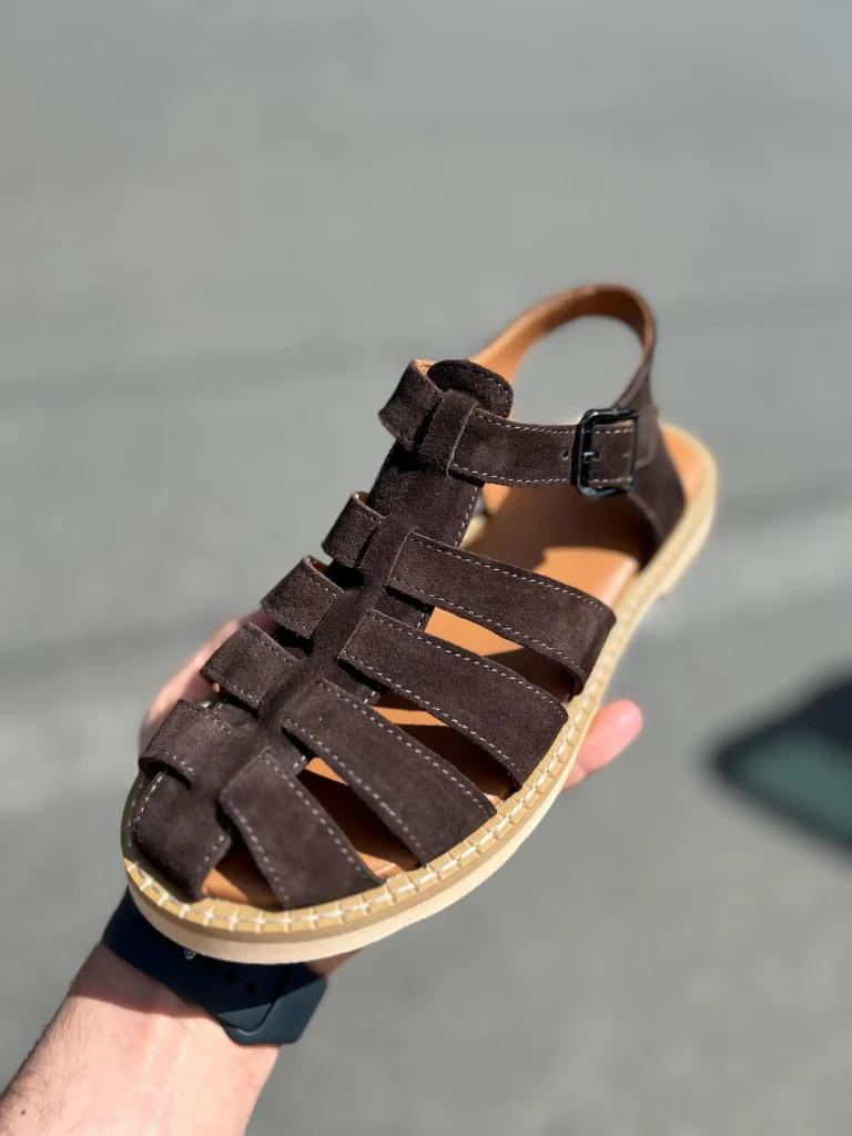 Women's Brown Suede Fisherman Sandals: Closed Toe Leather Straps